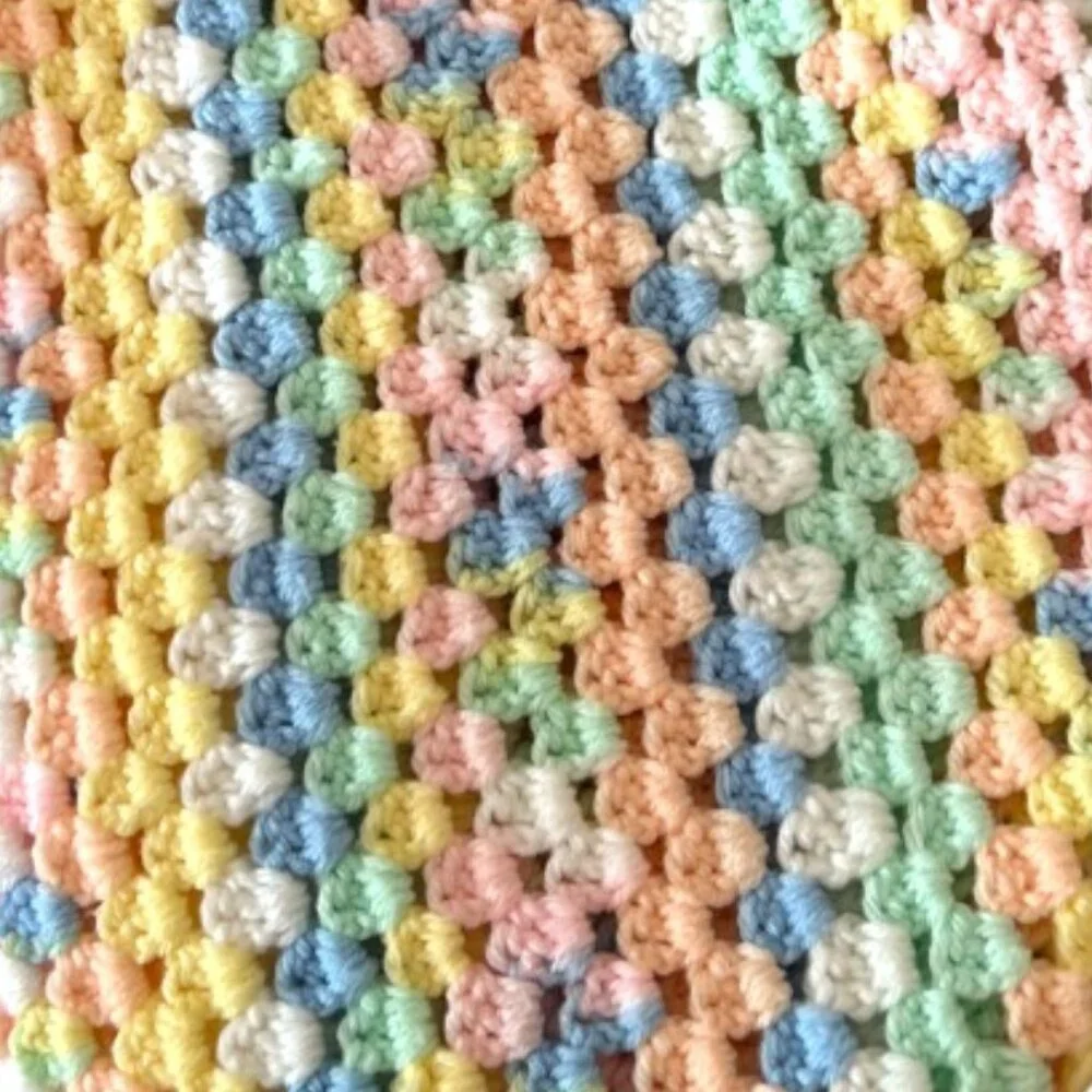 Handmade Pastel Rainbow Crocheted Baby Blanket / Lap Throw – 31"x33" - Picture 9 of 10